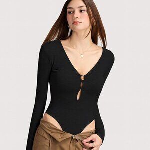 Deep V Neck Long Sleeve Bodysuit Cutout Slimming Bodysuit Casual Stretchy Basic